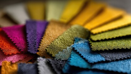 Vibrant fabric swatches arranged in a colorful, radial pattern showcasing diverse textures and hues