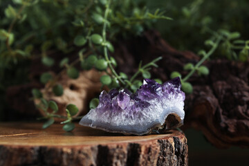 Aura. One beautiful amethyst on stump outdoors