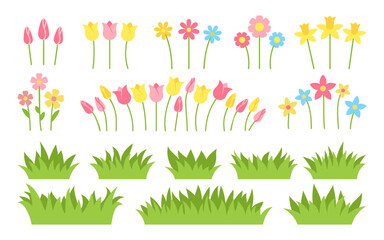 Spring blooming separate flowers and green grass set front view. Tulip daffodil daisy chamomile, buds with stems, flat minimal cartoon colorful illustration. Soft palette, decorative plant mix