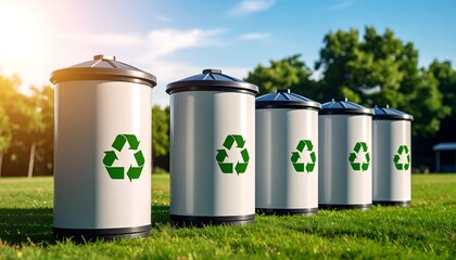 Recycling bins in a park setting.