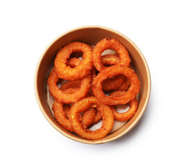 Fried squid rings in cardboard box isolated on white, top view