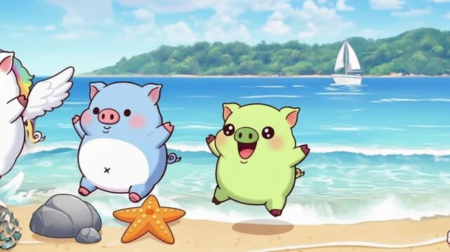 Whimsical Beach Day Cartoon Pigs Enjoying a Seaside Holiday Adventure