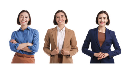 Young hostess on white background, set of portraits