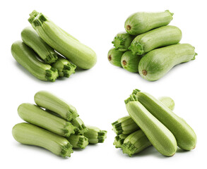 Fresh ripe zucchini isolated on white, collage