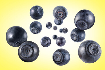 Fresh ripe blueberries swirling in air against yellow gradient background