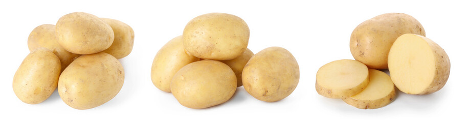 Fresh raw potatoes isolated on white, set