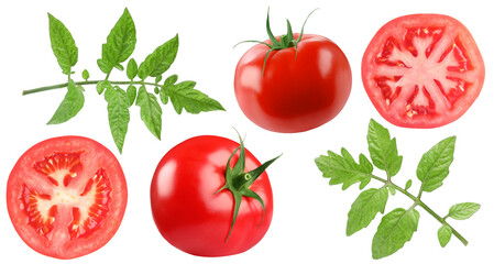 Fresh ripe tomatoes and green leaves isolated on white, set