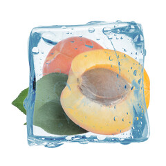 Ripe apricot fruits with green leaves in ice cube isolated on white. Frozen food