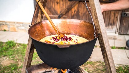 A large, copper-rimmed pot of fruit preserves cooking over an open fire.