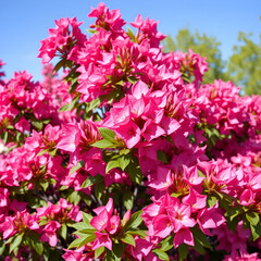 Fototapeta premium In spring the weigela bush blossoms vibrant pink flowers creating a picturesque display with a vibrant backdrop for a copy space image