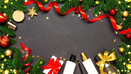 Christmas themed arrangement of decorative items on a dark background.