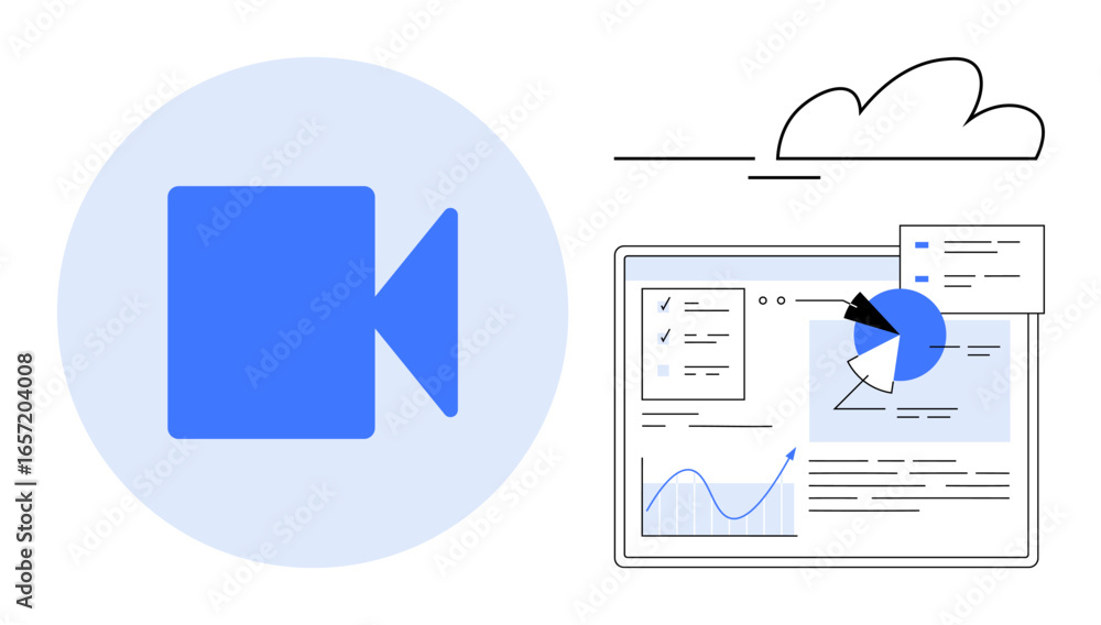 Aufkleber video call icon with a web interface featuring charts, graphs, and docs for online teamwork. ideal f