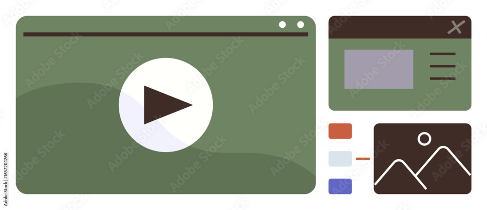 Poster large video play button on screen, sidebar with text, image placeholders. ideal for multimedia, vide