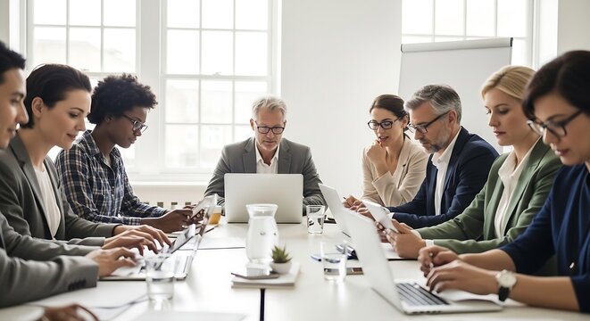 Professionals in a boardroom meeting, focused on laptops and documents