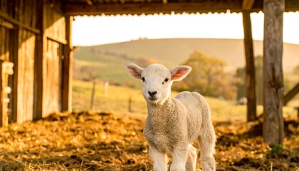 A lamb gazes inquisitively from beneath a rustic wooden barn, bathed in the warm, golden light of a rural scene.