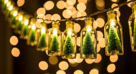 String of glass bottles containing miniature green Christmas trees illuminated with warm lights