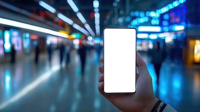 A hand holds a smartphone with a blank white screen against a blurred background of a brightly lit, bustling indoor space with neon lights and indistinct people walking