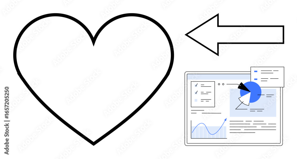 Poster heart shape, arrow directing toward analytics board with charts, graphs, and reports. ideal for heal