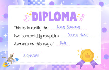 A fun and cosmic-themed diploma featuring a lemur in a rocket, planets, and stars, perfect for little space explorers. Stock vector illustration in cartoon style.