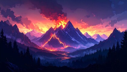 A vibrant landscape of snow-capped mountains erupting with fiery lava flows at sunset, showcasing a dramatic and colorful scene.