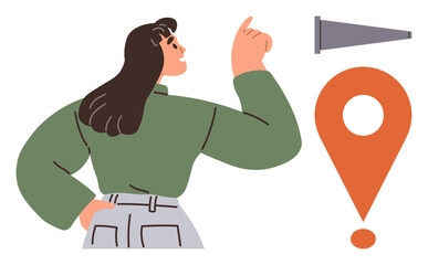 Woman gesturing towards a destination with a location pin and telescope, symbolizing direction, focus, and exploration. Ideal for navigation, travel, guidance, leadership, discovery ambition simple