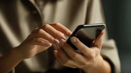 Woman wearing pink sweater scrolls on cell phone at table, using fingertip for modern mobile communication
