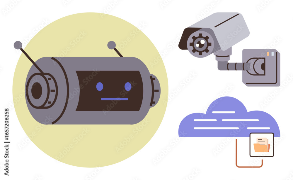 Poster robot head with antennas, security camera, and a cloud with data storage. ideal for themes of ai, ro
