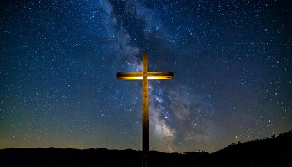 A wooden cross stands tall against a night sky filled with stars and the milky way, evoking a sense of faith and spirituality.