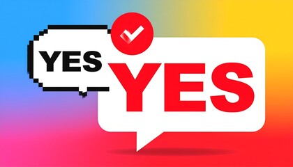 Pixelated speech bubble graphic with the word "yes".