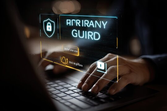 Person using laptop with digital privacy guard interface