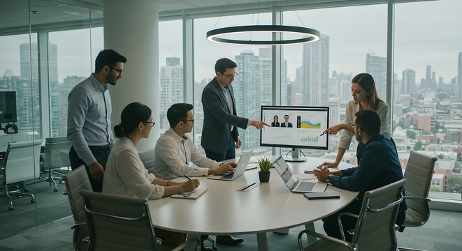 Business professionals in a meeting, reviewing project data on a large screen
