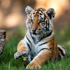 Fototapeta premium Tiger cub with paw raised in green grass baby tiger