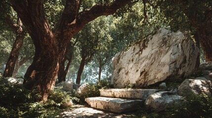 Lush trees surrounding monumental marble structure on a sunny day creating artistic contrast
