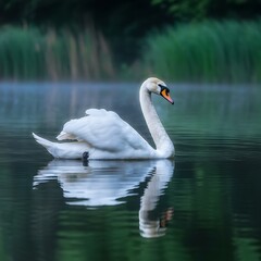 Naklejka premium White swan swimming on a calm lake with reflections
