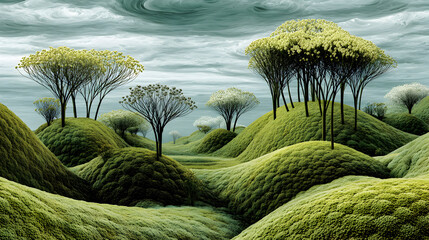 Serene Green Hills: A Dreamy Landscape with Unique Trees and a Swirling Sky Above