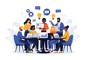 Business team collaborating around a table with laptops and charts