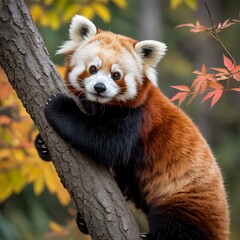 Fototapeta premium Red Panda on Tree Trunk with Autumn Leaves animal wildlife