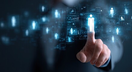 Person interacts with digital interface showing data points and human icons, representing workforce management or HR tech