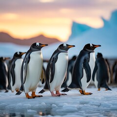 Fototapeta premium Gentoo penguins in a line on ice at sunset animal wildlife
