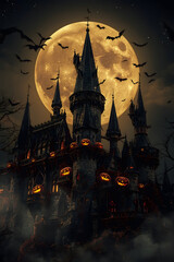 Spooky Halloween Castle with Pumpkins and Bats