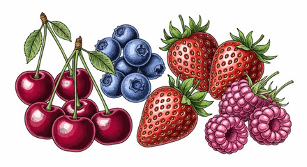 A colorful illustration of cherries, blueberries, strawberries, and raspberries.