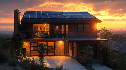 Fototapeta premium Modern home with solar panels at sunset real estate property design