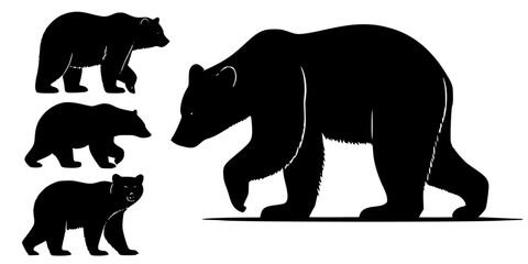 Shadows of the Wild: Bear Silhouettes in Motion, A striking collection of bear silhouettes showcasing various poses and sizes, perfect for wildlife-themed designs or educational visuals