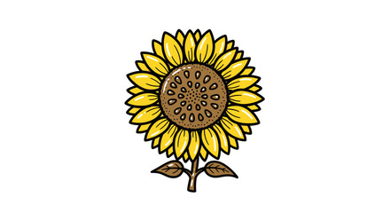 Obraz premium A detailed illustration of a sunflower, showcasing its yellow petals, brown center, and green stem.