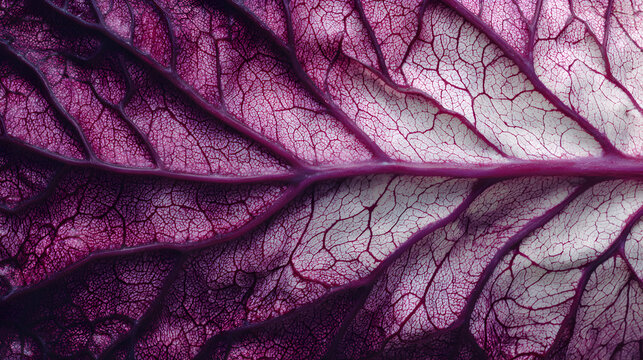 Intricate Veins of a Red Cabbage Leaf: A Captivating Macro View of Nature's Detail 