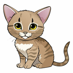 Fototapeta premium A charming and adorable cartoon-style vector illustration depicting a sitting tabby kitten with large expressive eyes, radiating cuteness and a friendly demeanor for various design projects.