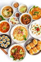 Vibrant Asian Food Spread with Sushi, Noodles, and Dumplings — Gourmet Fusion Dining Stock Photo