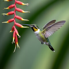 Fototapeta premium Hummingbird feeding from a red heliconia flower animal