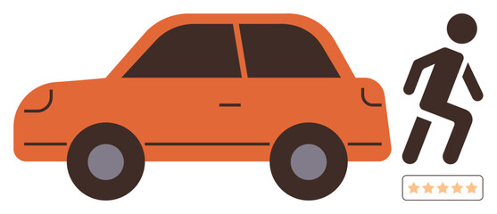 Orange car alongside a figure exiting, paired with a five-star rating bar. Ideal for ride-sharing, transportation, customer feedback, service quality, user experience, mobility, simple flat metaphor