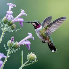 Hummingbird feeding on purple flowers with dew drops